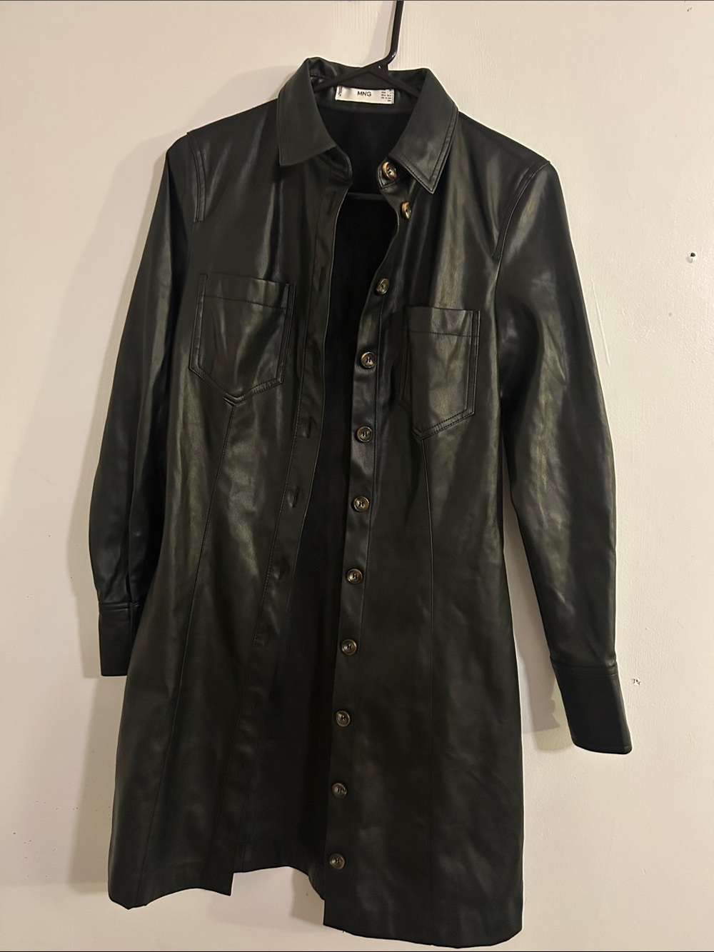Mango Black Long Button-Front Leather Shirt Jacket